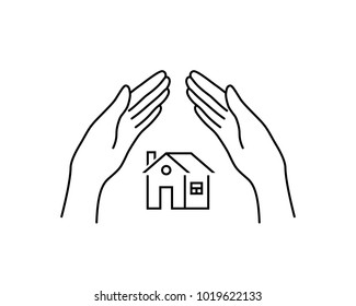 real estate insurance with linear hands. concept of home alarm system sign or apartment assurance. flat simple contour style trend modern logotype graphic art design isolated on white background