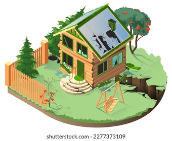 Real estate insurance residential building earthquake. Private wooden house destroyed earth cracked. Vector isometric illustration