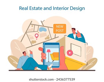Real Estate and Interior Design concept. Interactive visual tours of property listings and decor ideas. Experts sharing spaces and inspiration on social media. Flat vector illustration.