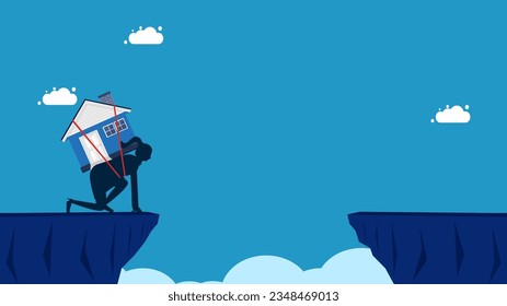 Real estate investing risks. Businesswoman and house preparing to jump over a high cliff 