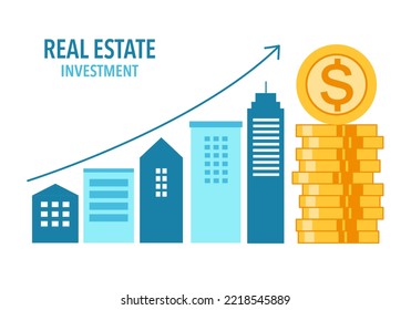 Real estate investment business concept vector illustration on white background. Architecture building, stack of dollar coins and rising arrow in flat design.