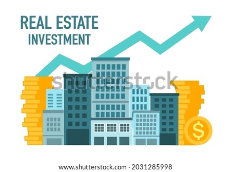 Real estate investment business concept vector illustration on white background. Architecture building, stack of dollar coins and rising arrow in flat design.