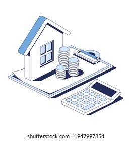 Real estate investment, calculator, coins money. Vector 3d line isometric, web icons, blue color. Creative design idea for infographics.