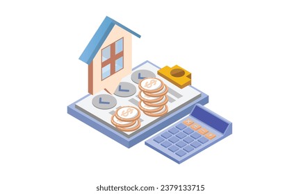 Inversión inmobiliaria, calculadora, dinero de monedas, iconos web de color.sobre fondo blanco.Diseño 3D.diseño vectorial isométrico Ilustración.