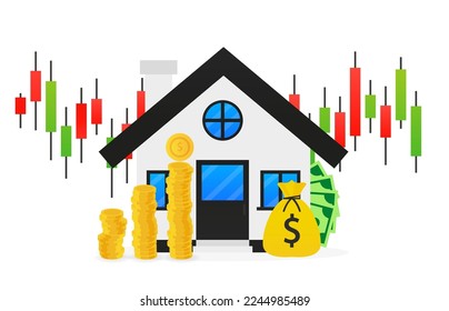 Real estate investment concept. Real estate agent. Template for sale, rent house, real estate market. Concept of profit. Japanese candles. Vector illustration