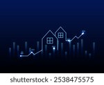 Real estate investment concept. The glowing and neon light of the home with an upper arrow graph on a dark blue background. Property growth and profit for the future. 