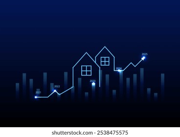 Conceito de investimento imobiliário. A luz brilhante e neon da casa com um gráfico de seta superior em um fundo azul escuro. Crescimento da propriedade e lucro para o futuro. 