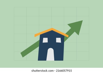 Real estate investment concept. The houses with the upper green graph and line table on green background, real estate growth in the future, finance, banking, lending, and trading.