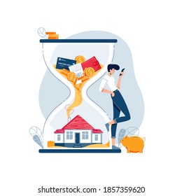Real estate investment concept. Investor awaits a generating income from long-term investing in property. Passive income, cash flow, make money in property for website design. Flat vector illustration