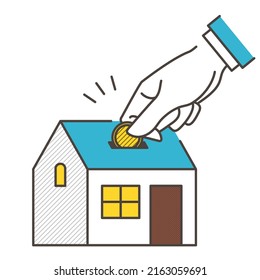 Real estate investment concept of putting coins in a house-shaped piggy bank [Vector illustration].