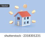 Real estate investment concept. Stack of coins and house model on blue background. 3d vector illustration