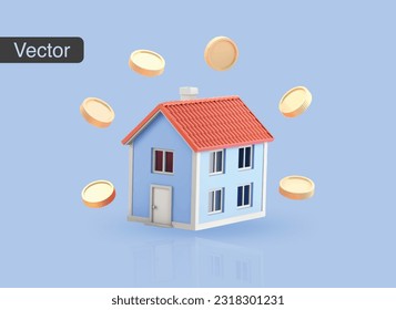 Real estate investment concept. Stack of coins and house model on blue background. 3d vector illustration svg