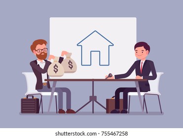 Real estate investment. Deal between men of purchase, ownership, management, rental or sale house for great profit. Vector flat style cartoon business concept illustration