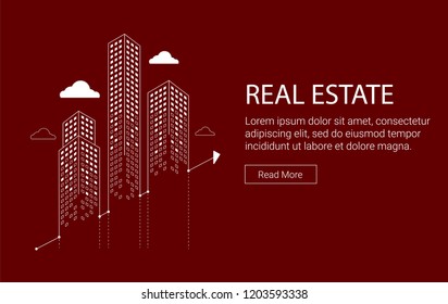 Real estate investment graphic with skyscrapers and clouds.