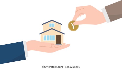 Real Estate Investment and Home Purchase Concept – Illustration of Hands Holding a House and Inserting a Coin, Representing Property Investment, Mortgage, Financial Planning, Home Ownership