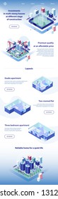 Real Estate Investment, House Construction, Apartment Complex Project Isometric Vector Long Vertical Web Banner, Scroll Landing Page Template. City Construction Site, Room Layout Plan Illustration
