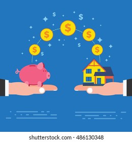 Real estate investment or housing construction payment. Buying new house metaphor with piggy bank on hand. Business concept vector illustration