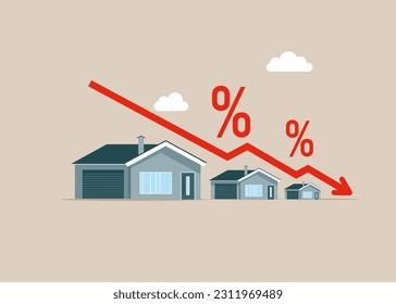 La inversión inmobiliaria, el aumento del precio de la vivienda caen. Disminuir las tasas de interés de los préstamos inmobiliarios en bienes raíces, inversiones. Ilustración vectorial plana