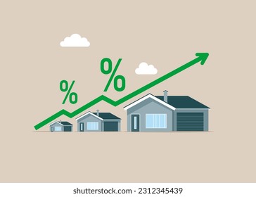 Inversión inmobiliaria, aumento del precio de la vivienda. Aumento de las tasas de interés debido a la inflación. Ilustración vectorial plana. 