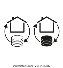 Real estate investment icons. House and coin stack symbols. Circular arrow indicating flow. Vector illustration.