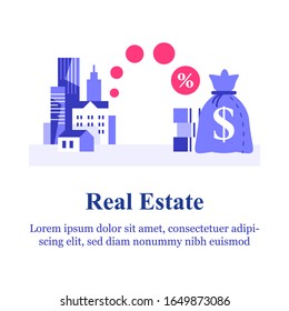 Real estate investment idea, mortgage loan, rental apartment, property market, city buildings and money bag, vector flat illustration