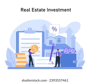 Real Estate Investment. Insightful guidance on property markets, potential gains, and financial benefits of real estate assets. Navigating investment opportunities. Flat vector illustration.