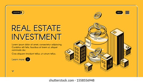 Real Estate Investment Isometric Landing Page, Dollar Coins Falling To Huge Jar Surrounded With City Buildings, Invest Fund Increase Money Finance Business. 3d Vector Illustration, Line Art Web Banner