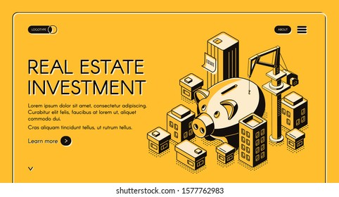 Real estate investment isometric landing page, huge piggy bank surrounded with skyscrapers and building crane, invest fund increase money finance business. 3d vector illustration, line art web banner