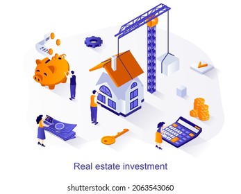 Real estate investment isometric web concept. People building new houses, invest money in construction and sale or buy of apartments scene. Vector illustration for website template in 3d design