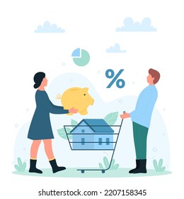 Real estate investment and mortgage vector illustration. Cartoon tiny people holding piggy bank with money and shopping cart with new house purchase, couple invest capital in property and ownership