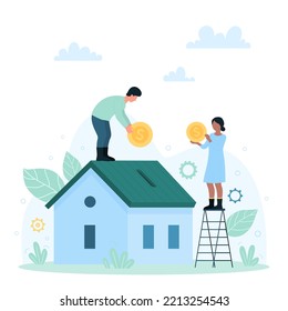 Real estate investment, payment for property and mortgage vector illustration. Cartoon tiny couple throw money coins and pay for home apartment, people buy house in debt, invest in ownership