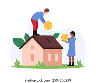 Real estate investment, property mortgage or loan, ownership. Tiny people throw gold coins into small house like piggy bank, pay cost of housing from family budget cartoon vector illustration