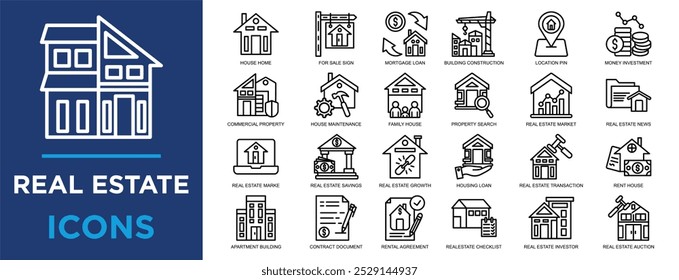 bienes raíces, inversión, propiedad, hipoteca, casa, conjunto de iconos de finanzas. Colección de iconos de contorno. Ilustración vectorial simple