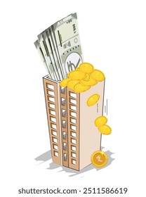 Real estate investment, showing money on building, investment purpose vector illustration.