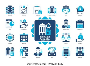 Real Estate Investment Trust REIT icon set. Office Building, Management, Investment, Trust, Broker, Equity, Exchange, Mortgage. Duotone color solid icons