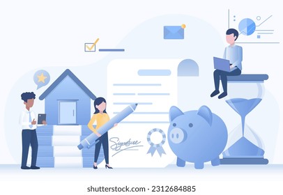 Real estate investment. Various elements to purchase, mortgage agreement, piggy bank, rent, contract and signature. Flat vector design illustration.