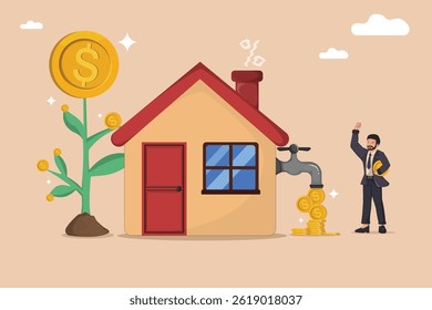 Real Estate Investment and Wealth Growth Concept with Cartoon Businessman, House, and Money Flow Illustration.