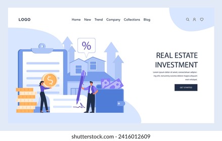 Real Estate Investment web or landing. Insightful guidance on property markets, potential gains, and financial benefits of real estate assets. Investment opportunities. Flat vector illustration.