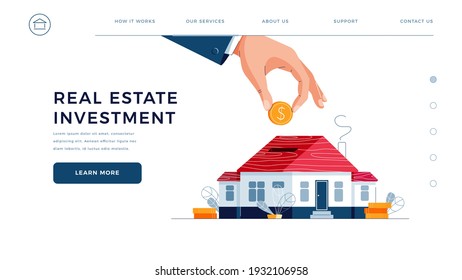 Real Estate investment web template. Investor's hand puts the coin into house piggy bank for real property purchase. Capital investment for money saving concept. Flat vector illustration