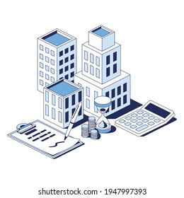 Real estate, investments, buildings, contract documentation, calculator, coins and hourglass. Vector 3d line isometric, web icons, blue color. Creative design idea for infographics. - Shutterstock ID 1947997393