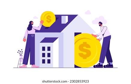 Real Estate investments. People drops gold coin into house. Earnings on real estate. Successful investment in property. Financial wealthy. Flat vector illustration