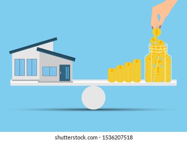 Real estate investments and Save money for prepare in future concept, Vector illustration of Business woman putting gold coin money into the glass bottle and Model house on seesaw