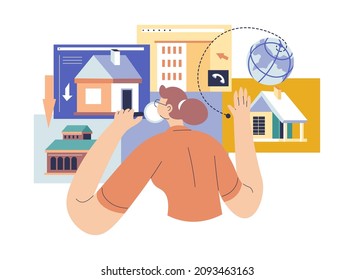 Real estate investor or client looking for house or apartment to buy. Purchase of dwelling and development. Female character with magnifying glass learning market and offers. Vector in flat style