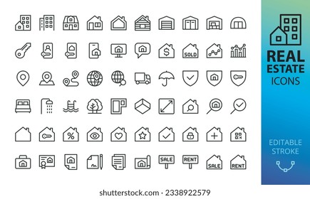 Real estate isolated icons set. Set of  commercial property, house price, home location, for rent sign, for sale sign, real estate app, home key, online database, garage, warehouse vector icon