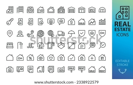 Real estate isolated icons set. Set of  commercial property, house price, home location, for rent sign, for sale sign, real estate app, home key, online database, garage, warehouse vector icon