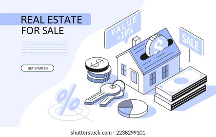 Real estate Isometric Concept. Use for web page, banner, infographics. Flat illustration editable line.