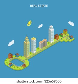 Real estate isometric flat vector concept. City buildings that stays on the huge green key. Searching houses, apartments, offices for rent and sale.