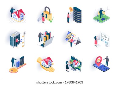 Real estate isometric icons set. Buildings sale, mortgage and rent, architecture engineering and construction flat vector illustration. Real estate agency 3d isometry pictograms with people characters