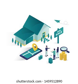 real estate isometric illustration vector graphic, real estate a house for sale isometric illustration vector, searching for house to buy isometric illustration vector graphic