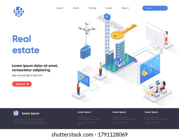 Real estate isometric landing page. Real estate engineering and construction company, buy, rent and mortgage services isometry web page. Website template, vector illustration with people characters.